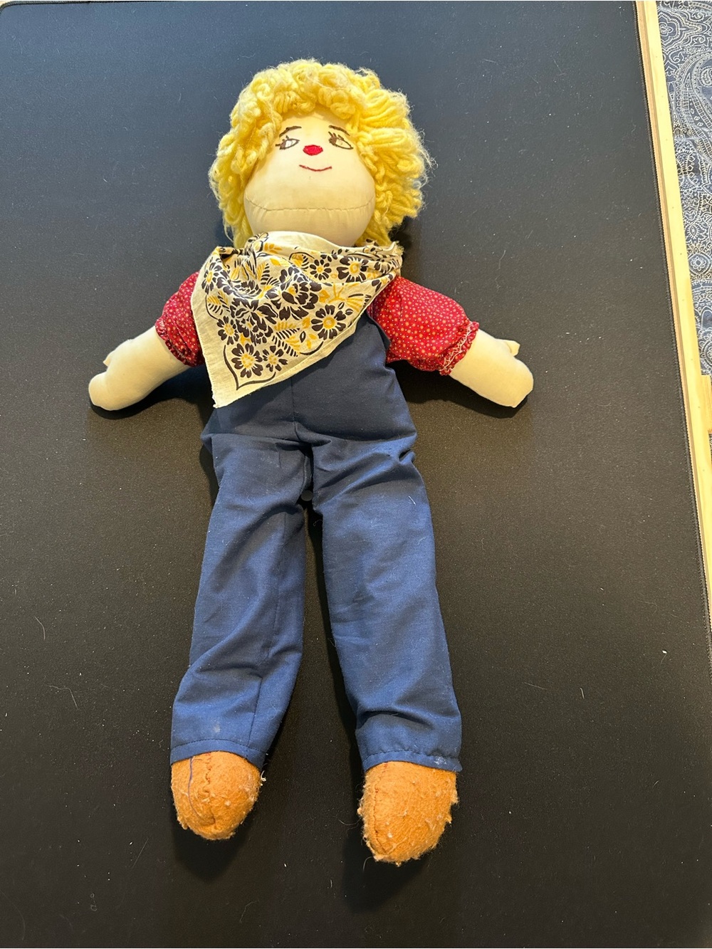 Vintage Hand Made Cloth Stuffed Boy Doll Overalls Blonde yarn Hair Bandanna